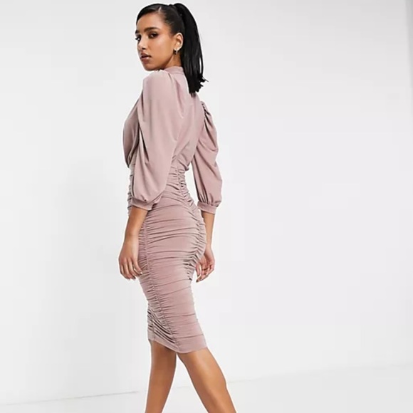 AX Paris ruched midi dress in taupe - Picture 2 of 7